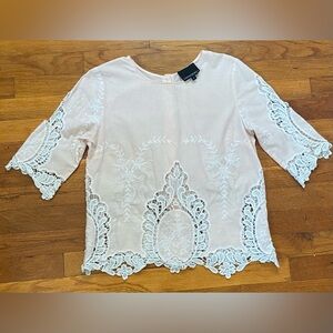 Cynthia Rowley Pink Lace Eyelet Wide Sleeve Blouse Top 100% Cotton Small